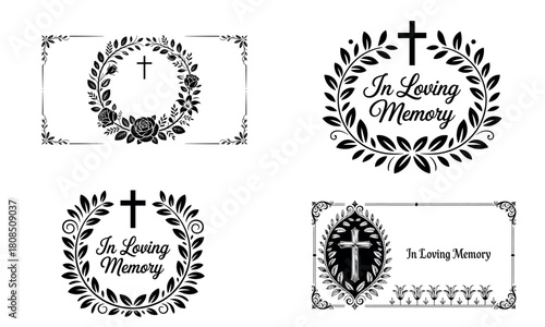 In loving memory illustration set with floral funeral frames and crosses

