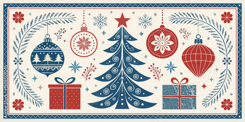 Vector  christmas  decorative christmas scene with tree ornaments and wrapped gifts