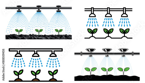 Irrigation sprinkler illustration set with water spray on growing seedlings
