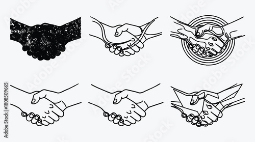 Diverse handshakes design illustration in minimal style for professional agreements