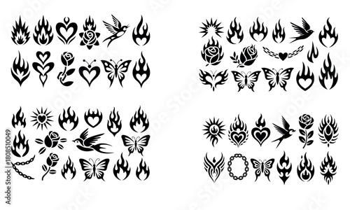 Flame tattoo illustration set with hearts birds roses and butterflies 
