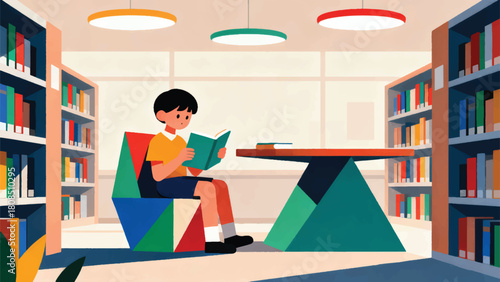 Illustration Of A Child Reading A Book In The School Library Vector Design Template