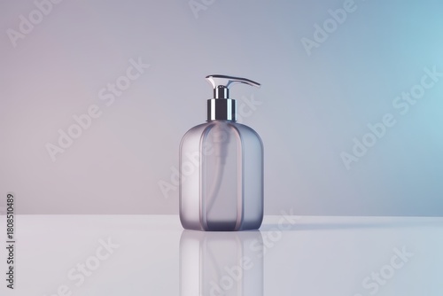 Frosted glass pump bottle on reflective surface dispenser