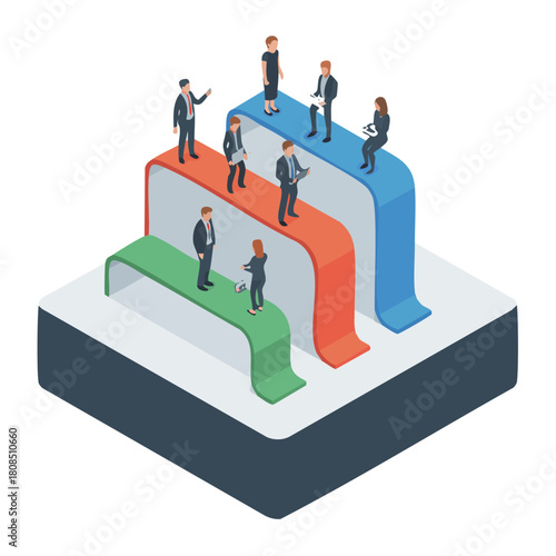 Isometric illustration of business people on tiered colorful platforms representing progress or workflow stages.