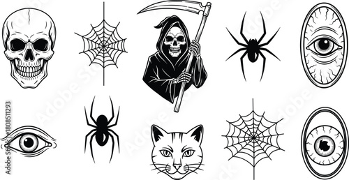 Black-and-white gothic illustration set with skull, Grim Reaper, spiders, webs, eyes, and cat face in spooky style