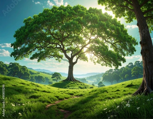 Fototapeta Naklejka Na Ścianę i Meble -  A sunlit, idyllic landscape of lush green hills, a winding path, and large, vibrant trees under a bright blue sky