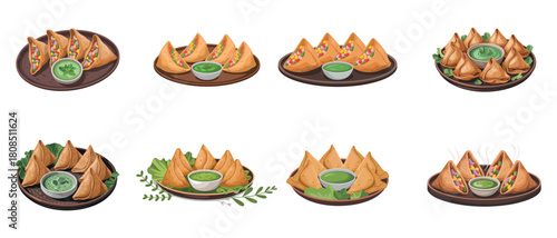 Samosa plate illustration set with chutney and spice garnish
