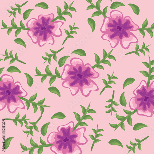 Pixelated Pink Floral Pattern with Purple Centers and Green Stems on a Soft Pink Background Digital Art