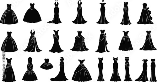 Collection of 22 black formal dress silhouettes showcasing diverse necklines, sleeves, skirt styles, and bridal accessories