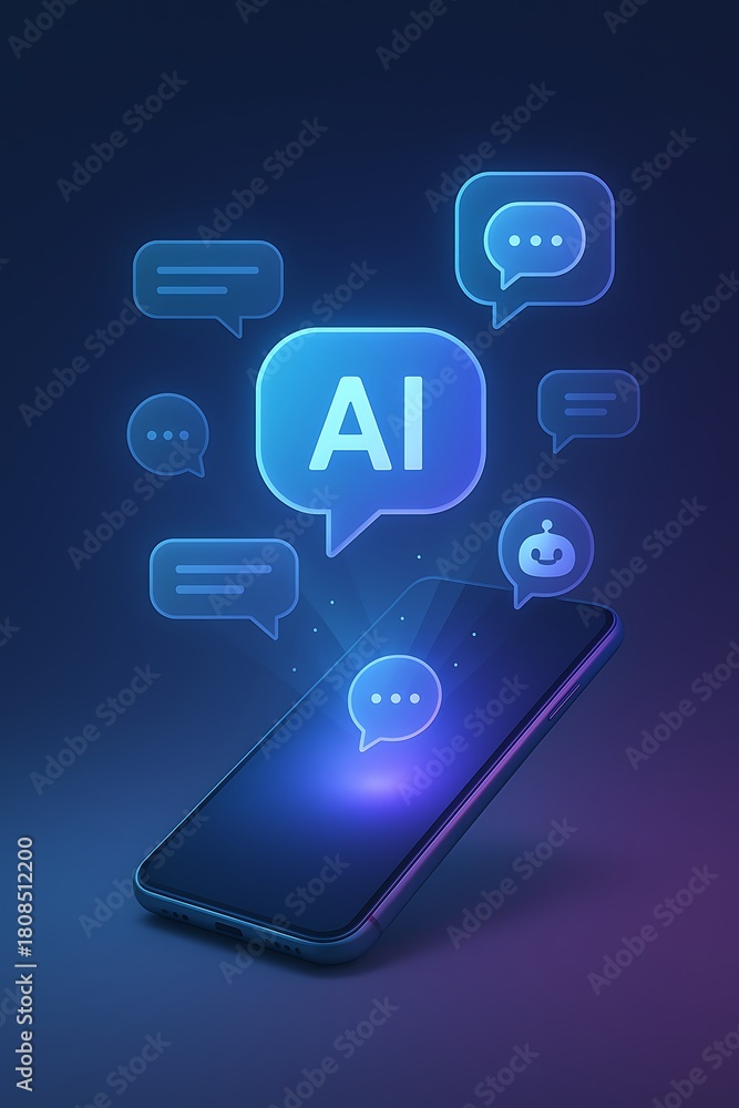 Fototapeta premium AI Chatbot Interface Hovering Above Smartphone in Futuristic Digital Style