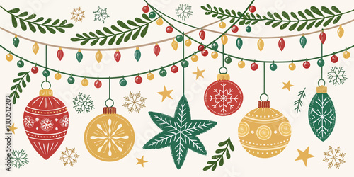 Vector  christmas  christmas ornaments and lights hanging with snowflakes and stars