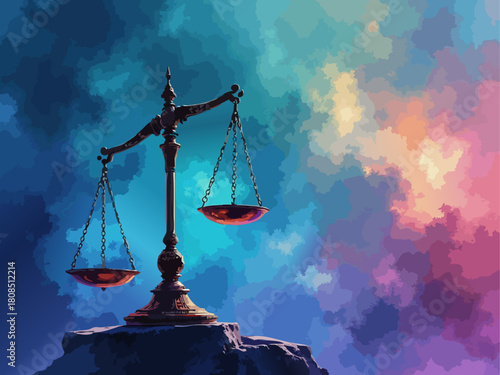 Cybernetic Scales of Justice Vector Illustration with Watercolor Texture