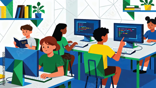 Illustration Of Children Learning Coding In A Computer Lab Vector Design Template