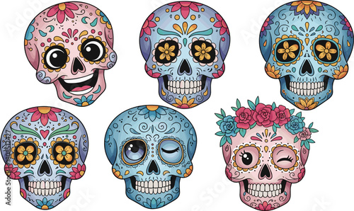 Colorful sugar skulls with floral decorations and expressive faces for Día de los Muertos celebration on white background