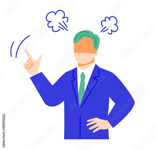 スーツのビジネスマンが怒っている表情イラスト。フラットデザイン