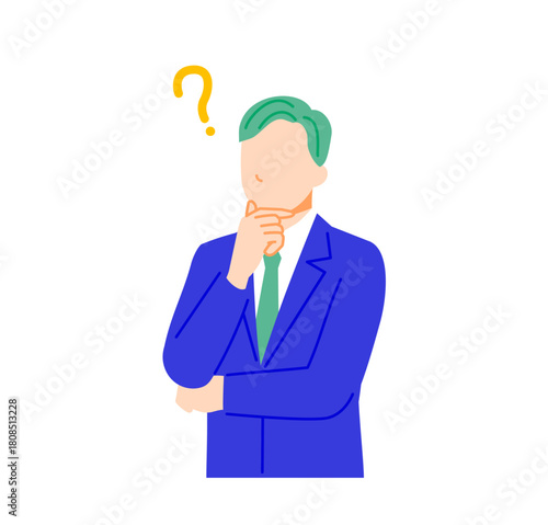 スーツのビジネスマンが疑問に思う表情イラスト。フラットデザイン