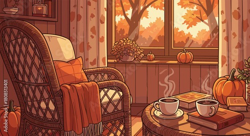 Cozy autumn indoor scene, wicker armchair, orange pillow blanket, wooden table, steaming mugs, pumpkins, fall decor, peaceful reading corner