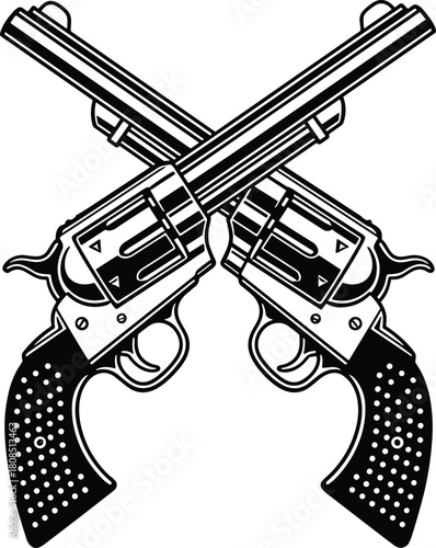 Vintage crossed revolver pistols illustration in bold black and white style, classic western handgun symbol for emblem, logo, or design