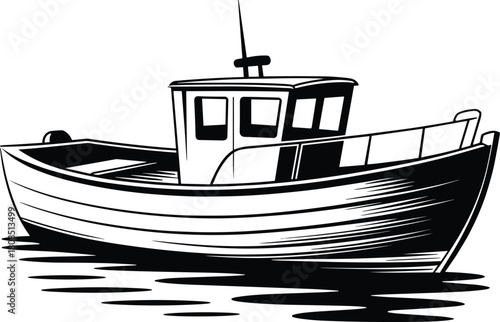 Vintage fishing boat line art illustration showing classic wooden vessel on water, nautical marine transportation design with detailed hull and cabin features