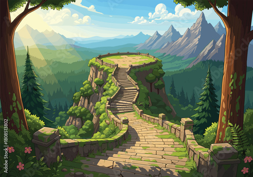 Fantasy mountain path, scenic cliff, stone railing, lush forest, pine trees, flowering plants, adventure trail, tranquil nature, plateau view, sunlight sky