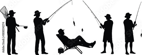 Fisherman silhouette vector set, man fishing with rod, outdoor hobby, catching fish, angling sport collection, recreational activity illustration