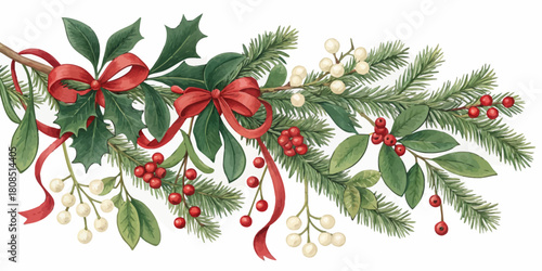 Vector  christmas  watercolor christmas garland with red bows and assorted greenery