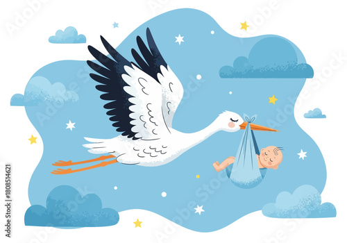 Cute Stork Carrying Baby Vector Illustration - Baby Shower Announcement & Nursery Decor Graphic