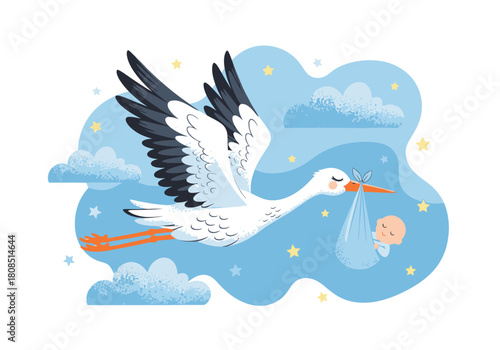 Cute Stork Carrying Baby Vector Illustration - Baby Shower Announcement & Nursery Decor Graphic