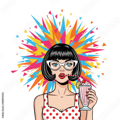 Pop Art Woman with Milkshake Retro Style Illustration.