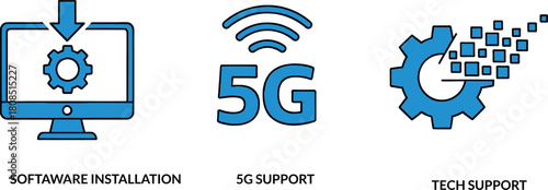 Software installation, 5g support, and tech support icons vector illustration of technology concepts