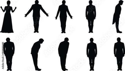 Formal bowing silhouette, respectful gesture, standing pose, ceremonial action, suit and dress, cultural etiquette, body language, posture, appreciation, greeting