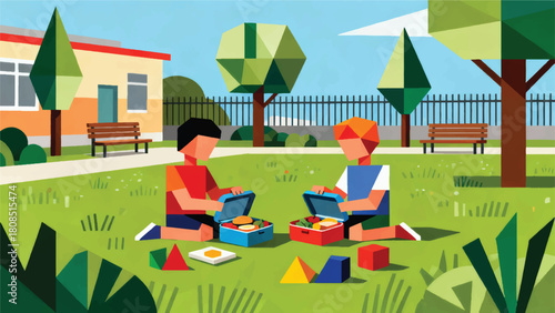 Illustration Of Children Opening Their Lunch Boxes In The School Garden Vector Design Template