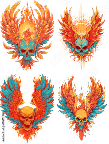 Fiery winged skull with bright orange and blue feathers, blazing flames, and powerful dynamic energy. A bold fantasy illustration symbolizing strength, rebellion, and fire.