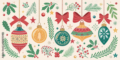 Vector  christmas  illustration of christmas ornaments and festive botanical elements
