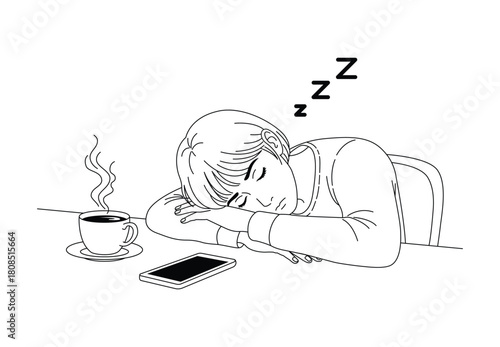 Exhausted person sleeping on desk with coffee and phone, symbolizing burnout, isolated on white background, vector illustration