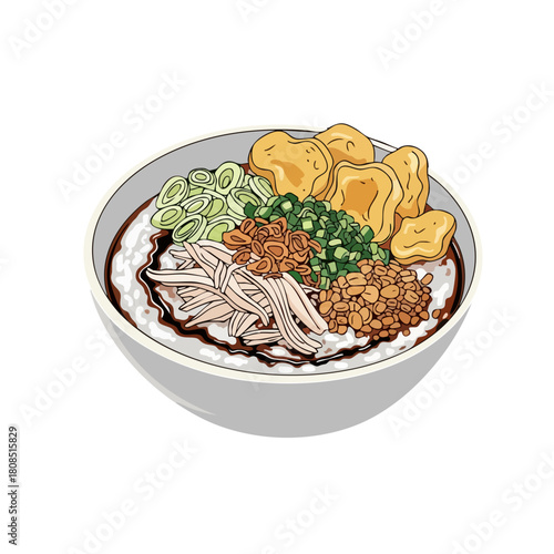 Bowl of Indonesian Chicken Congee with Toppings Illustration.