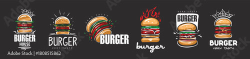 Hand drawn set of vector burger logos on black background