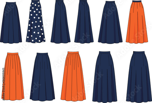 Stylized skirt collection illustration, fashion design catalog, pleated skirts, navy orange palette, polka dot pattern, garment construction, trendy apparel layout