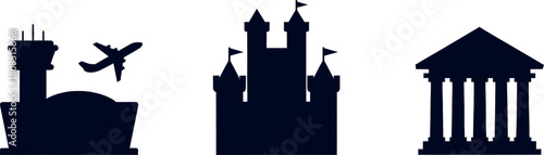 Iconic landmarks silhouette, featuring an airport control tower with a plane, a fairytale castle, and a classical building