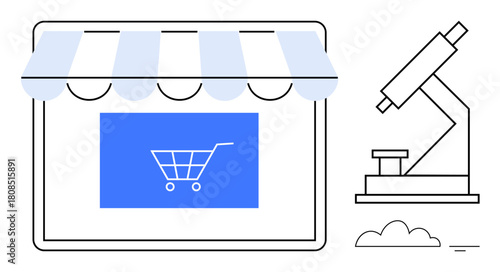 E-commerce concept. E-commerce ed by an online storefront with a shopping cart and a microscope research. E-commerce, scientific analysis, retail, education, innovation