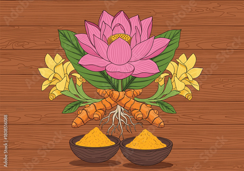 Turmeric roots, turmeric powder, lotus flower, herbal medicine, natural remedy, Ayurveda ingredients, organic spice, wellness concept, rustic background, healing tradition
