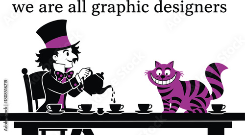 Whimsical tea party, graphic design humor, Mad Hatter style, Cheshire Cat, purple illustration, creative concept, surreal scene, designer parody, fantasy table, quirky characters