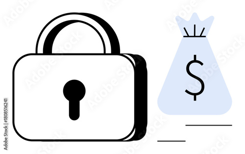 Padlock representing security alongside a dollar-marked money bag emphasizing financial safety, fraud prevention, and secure monetary processes. Ideal for banking, cybersecurity, e-commerce, payment