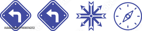 Navigational signs featuring turn left road signs, a directional arrow symbol, and a compass icon, all in a blue and white color scheme