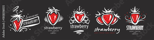 A set of hand-drawn vector logos strawberry on a black background