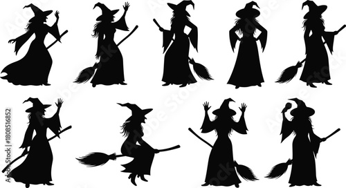 Halloween witch silhouette set, wicked sorceress vector, magic broomstick illustration, flying woman icon, spooky character collection, scary costume design