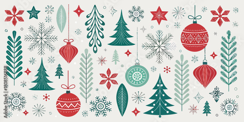 Vector  christmas  festive christmas pattern with ornaments trees and snowflakes design