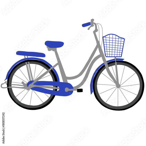A simple, graphic illustration of a bicycle, often referred to as a city bike or commuter bike, featuring a low step-through frame, a front basket, and a rear fender
