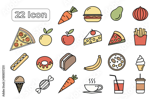22 Color-Filled Food and Drink Icons Collection and Flat Color Illustrations Set.