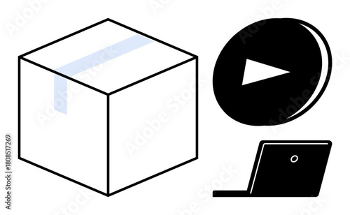 Cube-shaped package, play button, and laptop suggest logistics, digital media, e-commerce, online work. Ideal for delivery service, multimedia, technology e-learning innovation connectivity